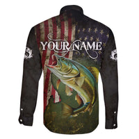 Personalized Walleye Fishing Family Matching Off The Shoulder Long Sleeve Dress and Hawaiian Shirt American Flag Background and Green Grunge Style Design - Wonder Print Shop