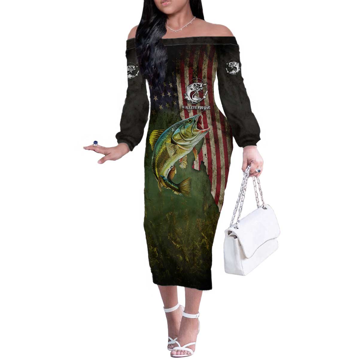 Personalized Walleye Fishing Family Matching Off The Shoulder Long Sleeve Dress and Hawaiian Shirt American Flag Background and Green Grunge Style Design - Wonder Print Shop