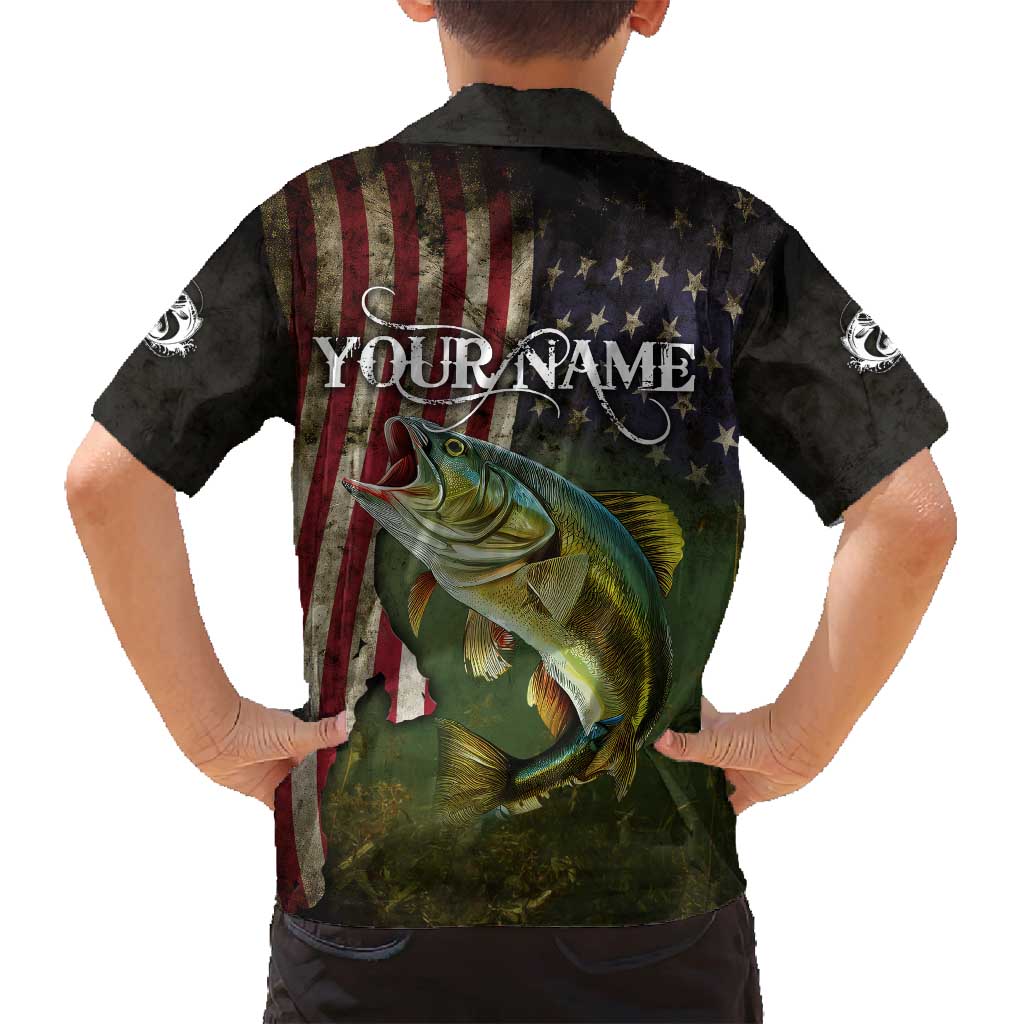 Personalized Walleye Fishing Family Matching Off Shoulder Maxi Dress and Hawaiian Shirt American Flag Background and Green Grunge Style Design - Wonder Print Shop