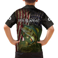Personalized Walleye Fishing Family Matching Off Shoulder Maxi Dress and Hawaiian Shirt American Flag Background and Green Grunge Style Design - Wonder Print Shop
