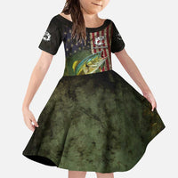 Personalized Walleye Fishing Family Matching Off Shoulder Maxi Dress and Hawaiian Shirt American Flag Background and Green Grunge Style Design - Wonder Print Shop