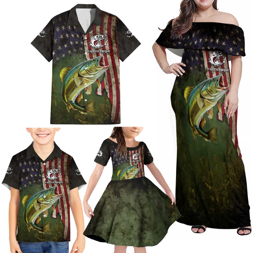 Personalized Walleye Fishing Family Matching Off Shoulder Maxi Dress and Hawaiian Shirt American Flag Background and Green Grunge Style Design - Wonder Print Shop
