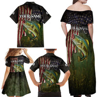 Personalized Walleye Fishing Family Matching Off Shoulder Maxi Dress and Hawaiian Shirt American Flag Background and Green Grunge Style Design - Wonder Print Shop