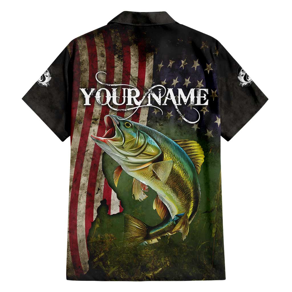 Personalized Walleye Fishing Family Matching Off Shoulder Maxi Dress and Hawaiian Shirt American Flag Background and Green Grunge Style Design - Wonder Print Shop