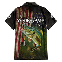 Personalized Walleye Fishing Family Matching Off Shoulder Maxi Dress and Hawaiian Shirt American Flag Background and Green Grunge Style Design - Wonder Print Shop