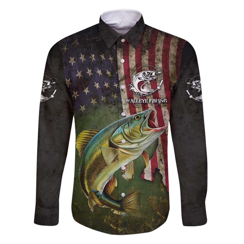 Personalized Walleye Fishing Family Matching Off Shoulder Maxi Dress and Hawaiian Shirt American Flag Background and Green Grunge Style Design - Wonder Print Shop