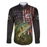 Personalized Walleye Fishing Family Matching Off Shoulder Maxi Dress and Hawaiian Shirt American Flag Background and Green Grunge Style Design - Wonder Print Shop