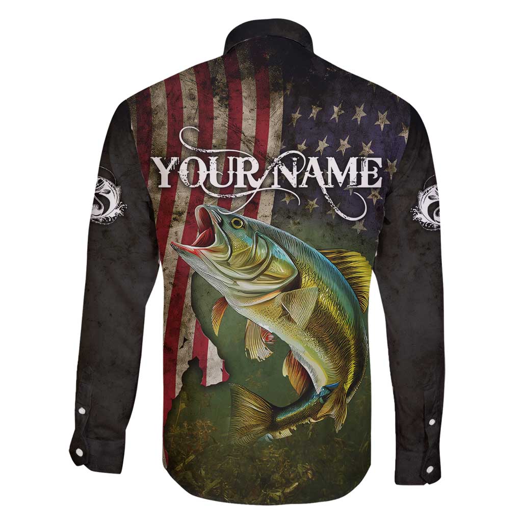 Personalized Walleye Fishing Family Matching Off Shoulder Maxi Dress and Hawaiian Shirt American Flag Background and Green Grunge Style Design - Wonder Print Shop