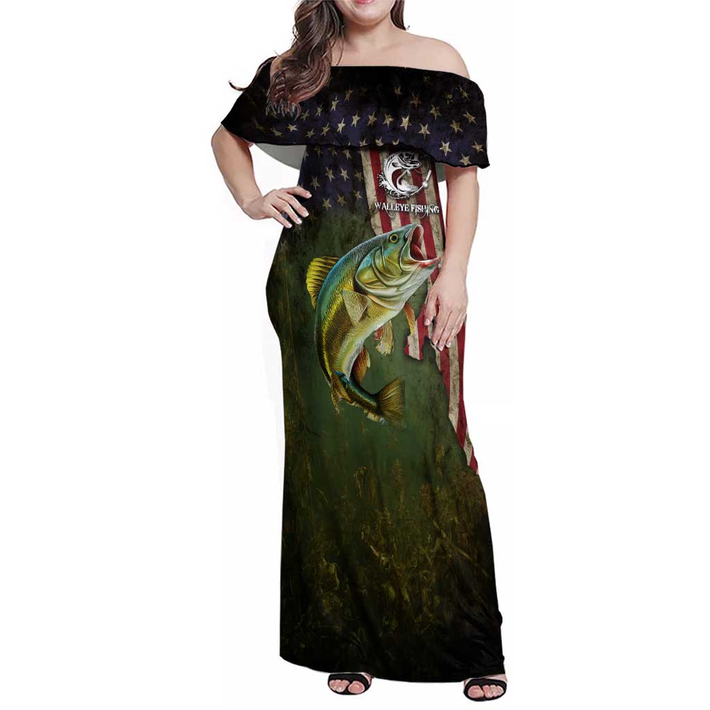 Personalized Walleye Fishing Family Matching Off Shoulder Maxi Dress and Hawaiian Shirt American Flag Background and Green Grunge Style Design - Wonder Print Shop