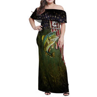 Personalized Walleye Fishing Family Matching Off Shoulder Maxi Dress and Hawaiian Shirt American Flag Background and Green Grunge Style Design - Wonder Print Shop