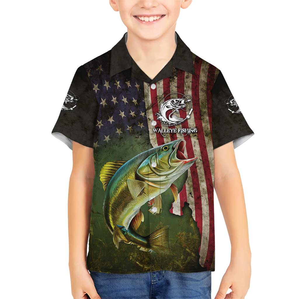 Personalized Walleye Fishing Family Matching Off Shoulder Maxi Dress and Hawaiian Shirt American Flag Background and Green Grunge Style Design - Wonder Print Shop