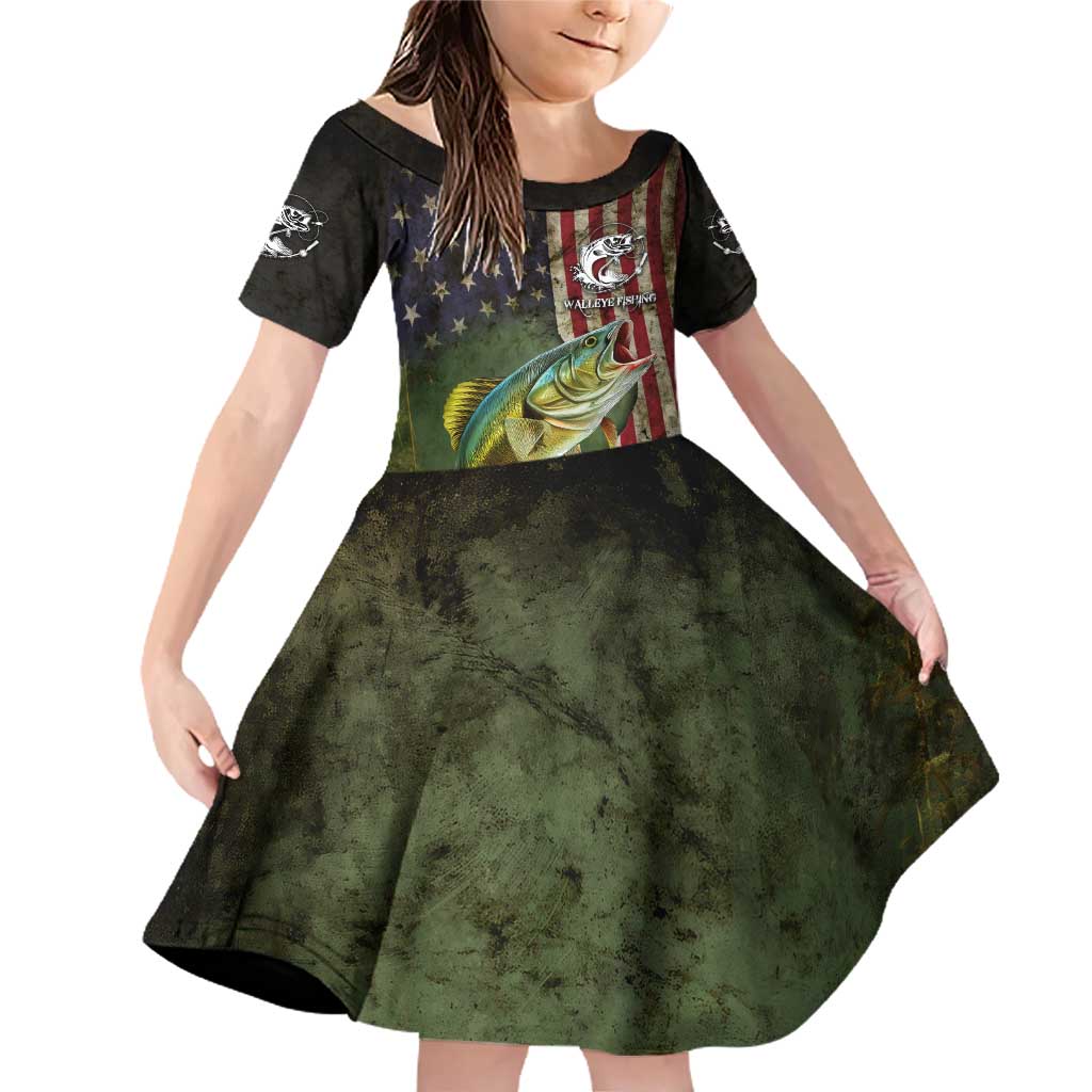 Personalized Walleye Fishing Family Matching Off Shoulder Short Dress and Hawaiian Shirt American Flag Background and Green Grunge Style Design - Wonder Print Shop