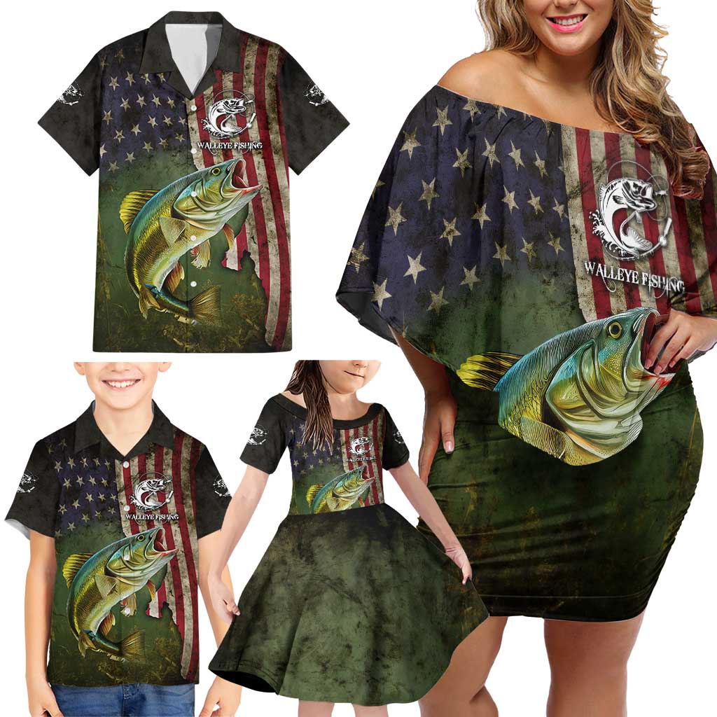 Personalized Walleye Fishing Family Matching Off Shoulder Short Dress and Hawaiian Shirt American Flag Background and Green Grunge Style Design - Wonder Print Shop