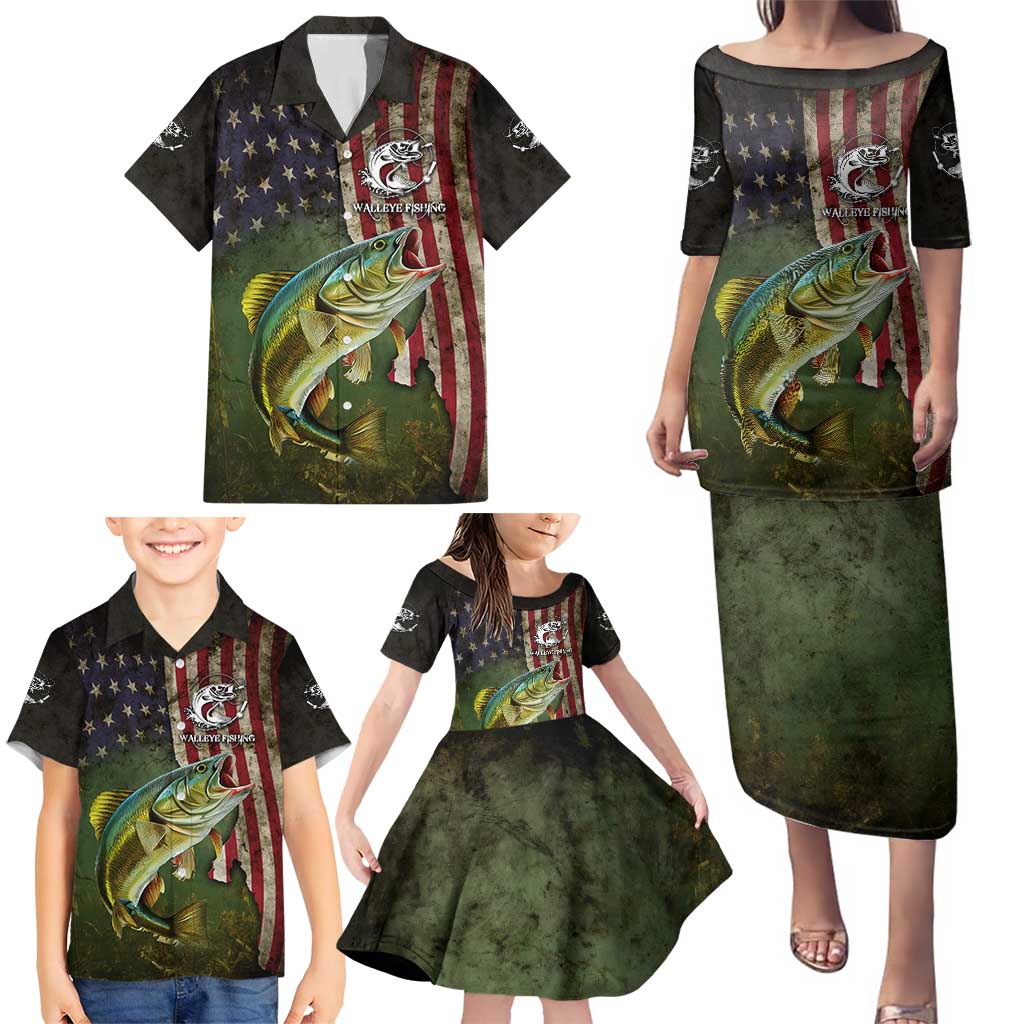 Personalized Walleye Fishing Family Matching Puletasi and Hawaiian Shirt American Flag Background and Green Grunge Style Design - Wonder Print Shop