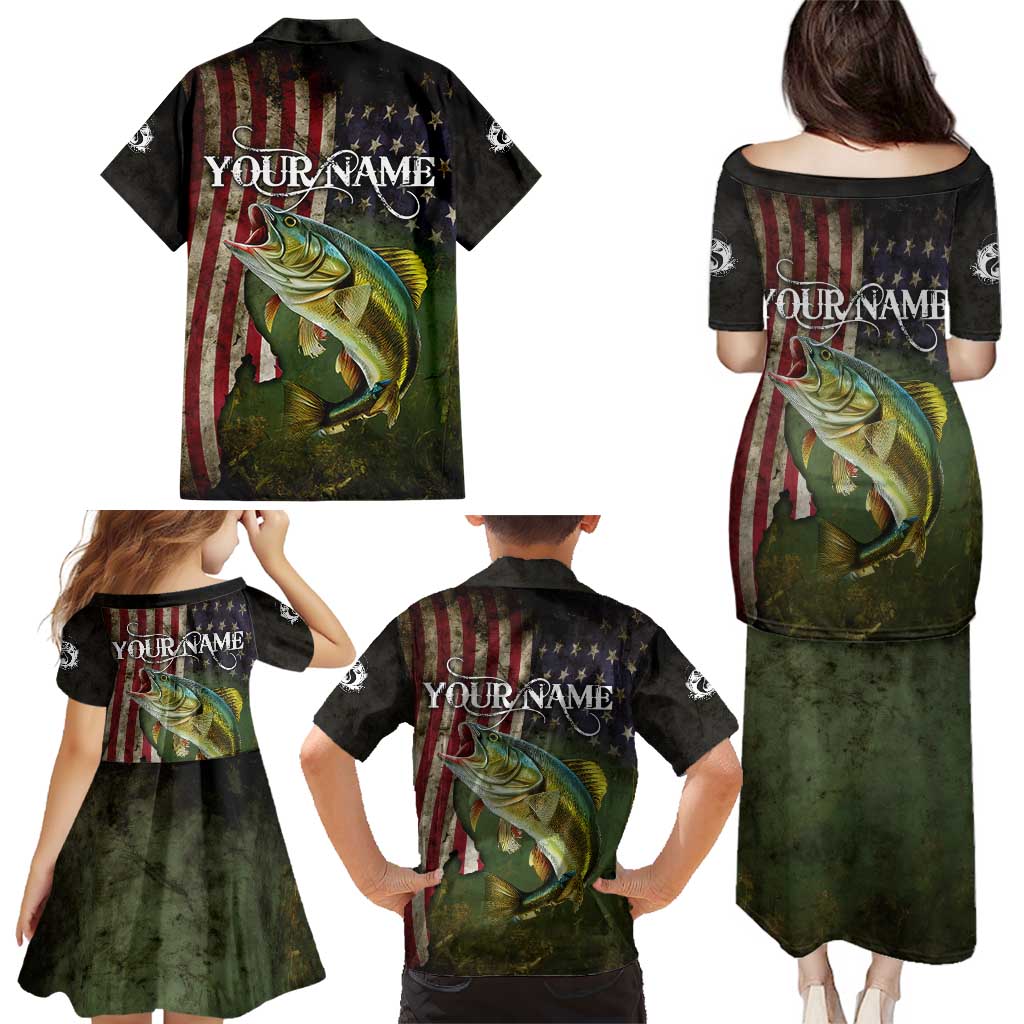 Personalized Walleye Fishing Family Matching Puletasi and Hawaiian Shirt American Flag Background and Green Grunge Style Design - Wonder Print Shop