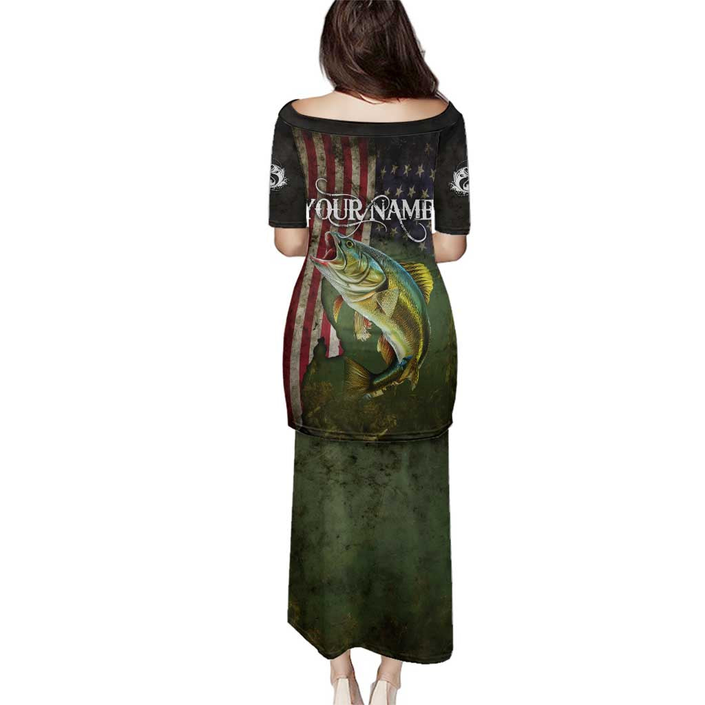 Personalized Walleye Fishing Family Matching Puletasi and Hawaiian Shirt American Flag Background and Green Grunge Style Design - Wonder Print Shop