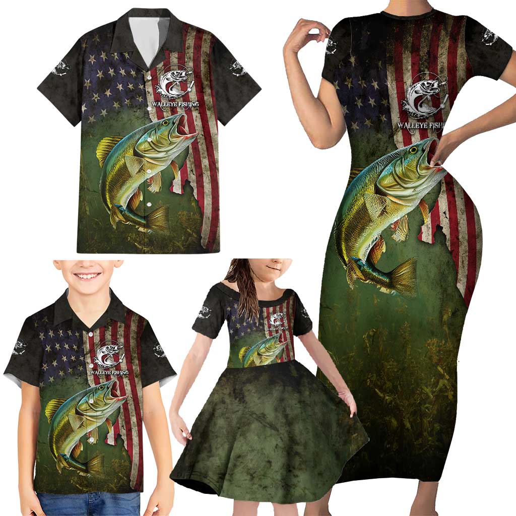 Personalized Walleye Fishing Family Matching Short Sleeve Bodycon Dress and Hawaiian Shirt American Flag Background and Green Grunge Style Design - Wonder Print Shop