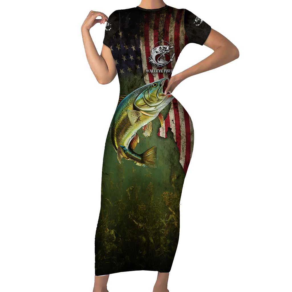 Personalized Walleye Fishing Family Matching Short Sleeve Bodycon Dress and Hawaiian Shirt American Flag Background and Green Grunge Style Design - Wonder Print Shop