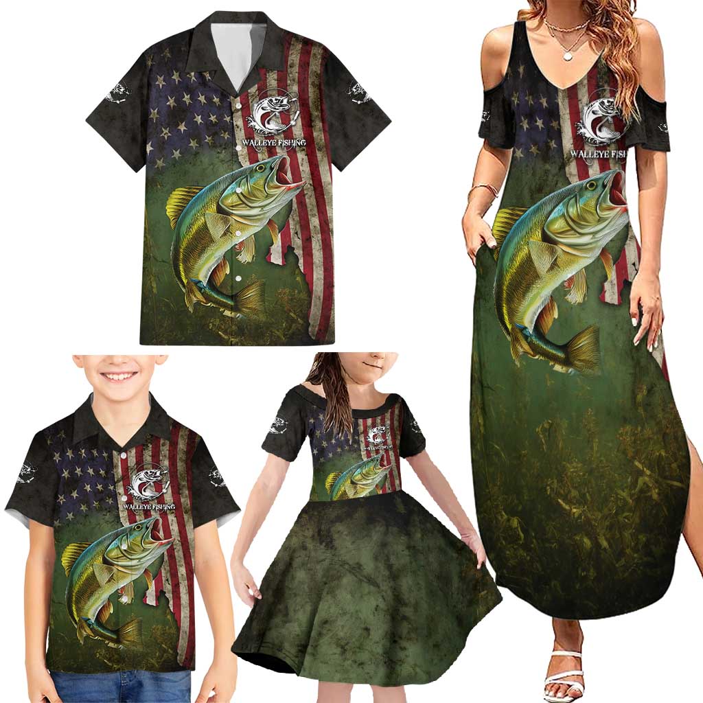Personalized Walleye Fishing Family Matching Summer Maxi Dress and Hawaiian Shirt American Flag Background and Green Grunge Style Design - Wonder Print Shop