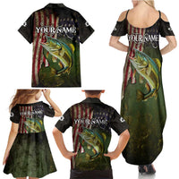 Personalized Walleye Fishing Family Matching Summer Maxi Dress and Hawaiian Shirt American Flag Background and Green Grunge Style Design - Wonder Print Shop