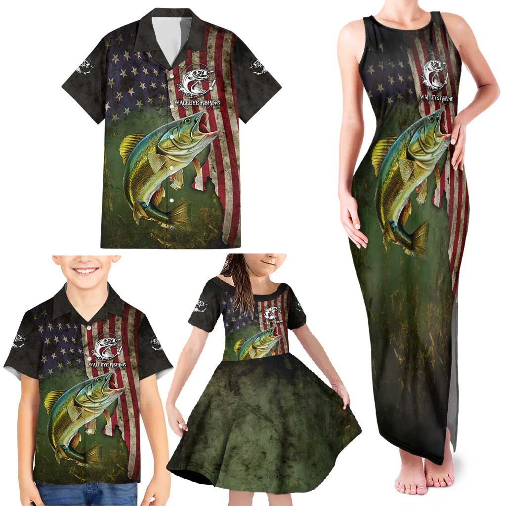 Personalized Walleye Fishing Family Matching Tank Maxi Dress and Hawaiian Shirt American Flag Background and Green Grunge Style Design - Wonder Print Shop