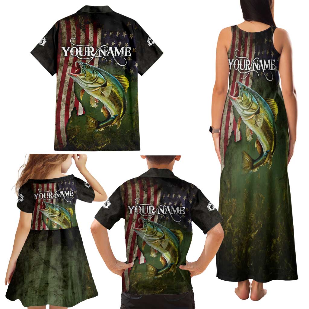 Personalized Walleye Fishing Family Matching Tank Maxi Dress and Hawaiian Shirt American Flag Background and Green Grunge Style Design - Wonder Print Shop