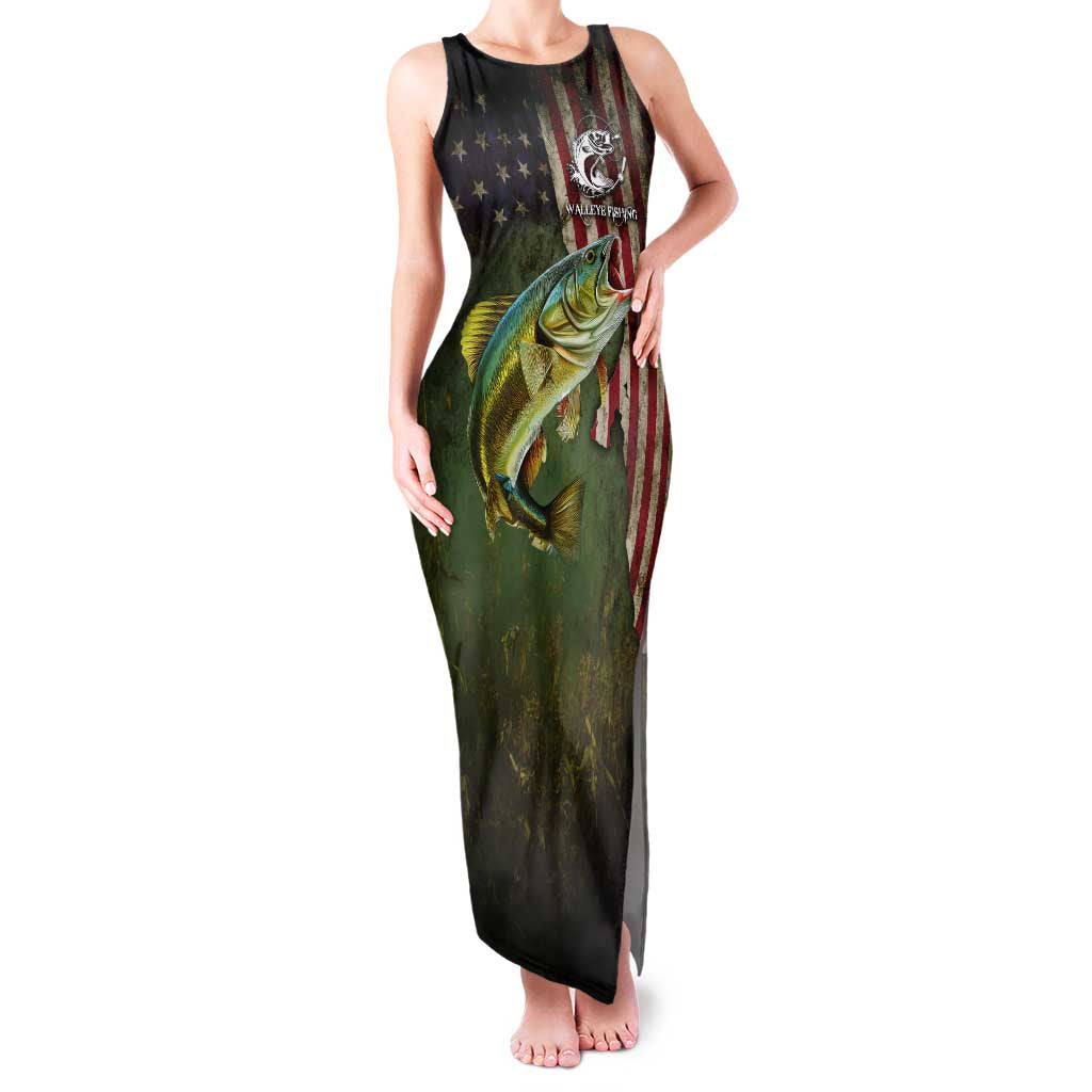 Personalized Walleye Fishing Family Matching Tank Maxi Dress and Hawaiian Shirt American Flag Background and Green Grunge Style Design - Wonder Print Shop
