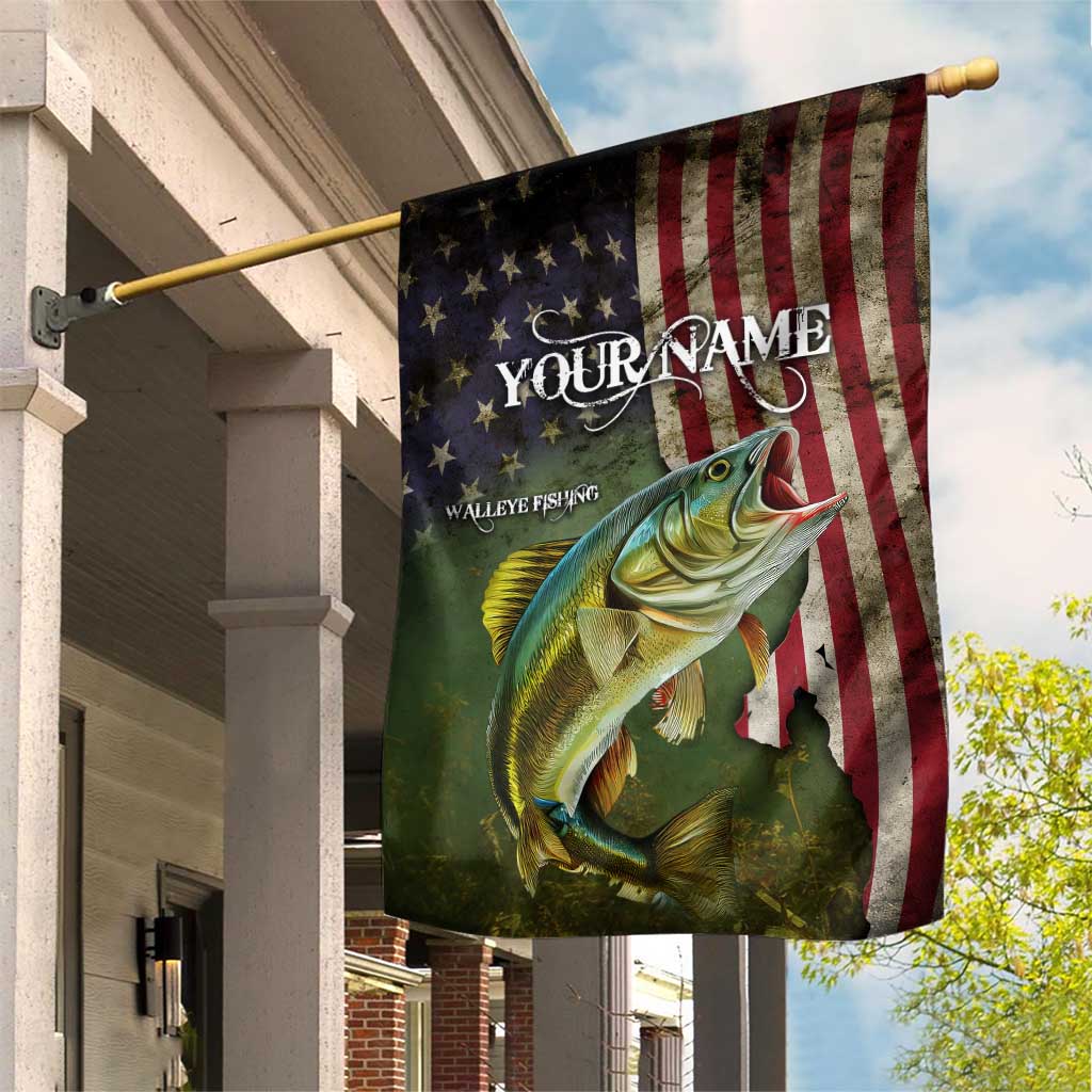 Personalized Walleye Fishing Garden Flag American Flag Background and Green Grunge Style Design - Wonder Print Shop