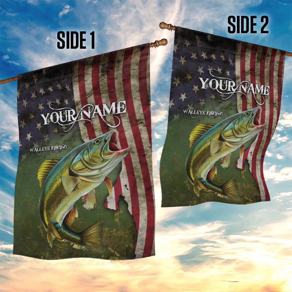 Personalized Walleye Fishing Garden Flag American Flag Background and Green Grunge Style Design - Wonder Print Shop