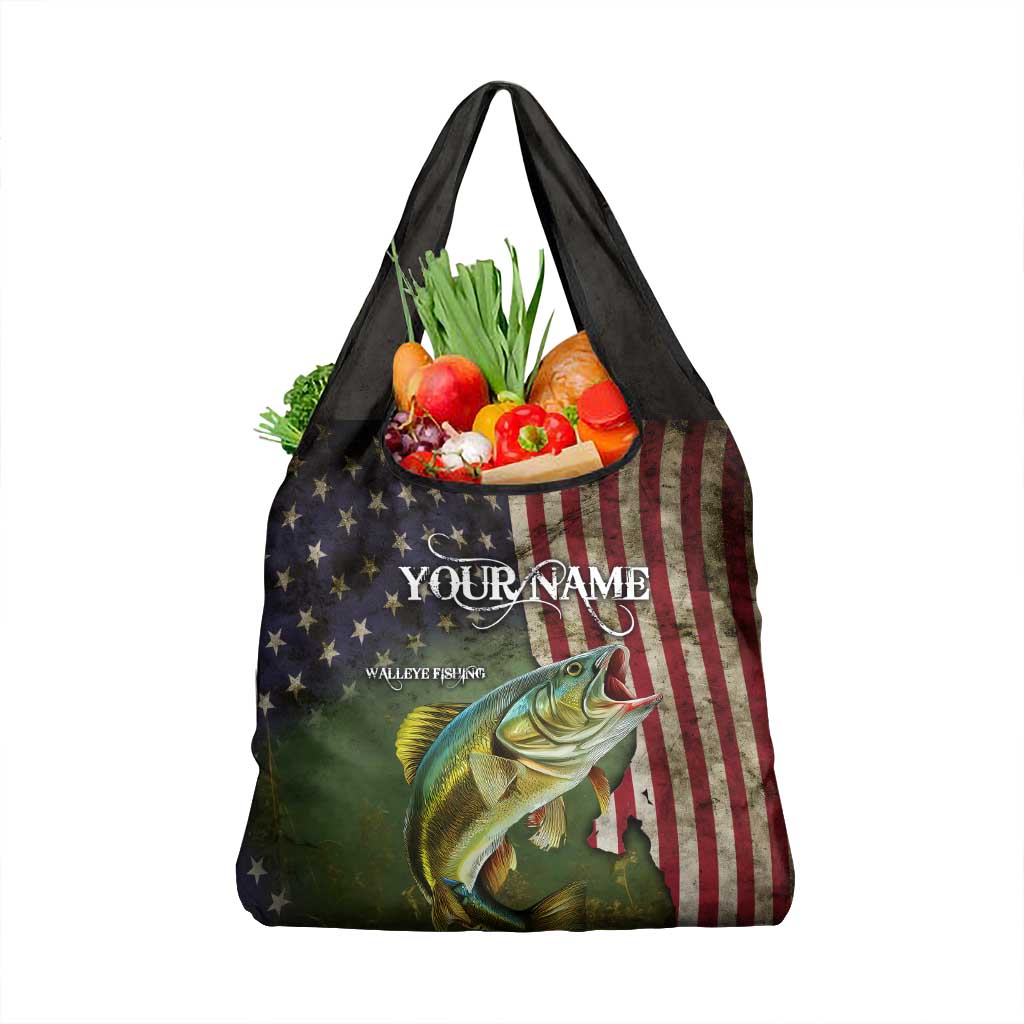 Personalized Walleye Fishing Grocery Bag American Flag Background and Green Grunge Style Design - Wonder Print Shop