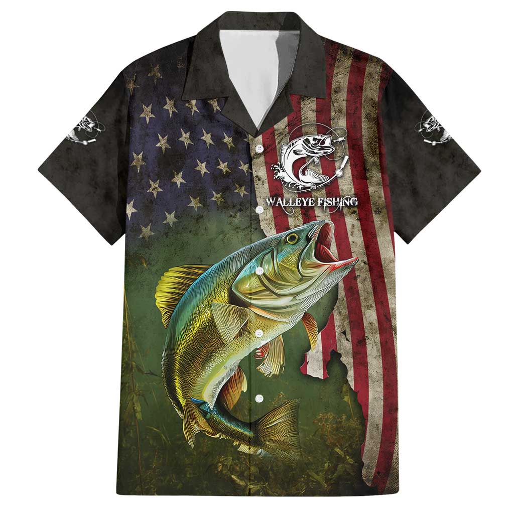 Personalized Walleye Fishing Hawaiian Shirt American Flag Background and Green Grunge Style Design - Wonder Print Shop