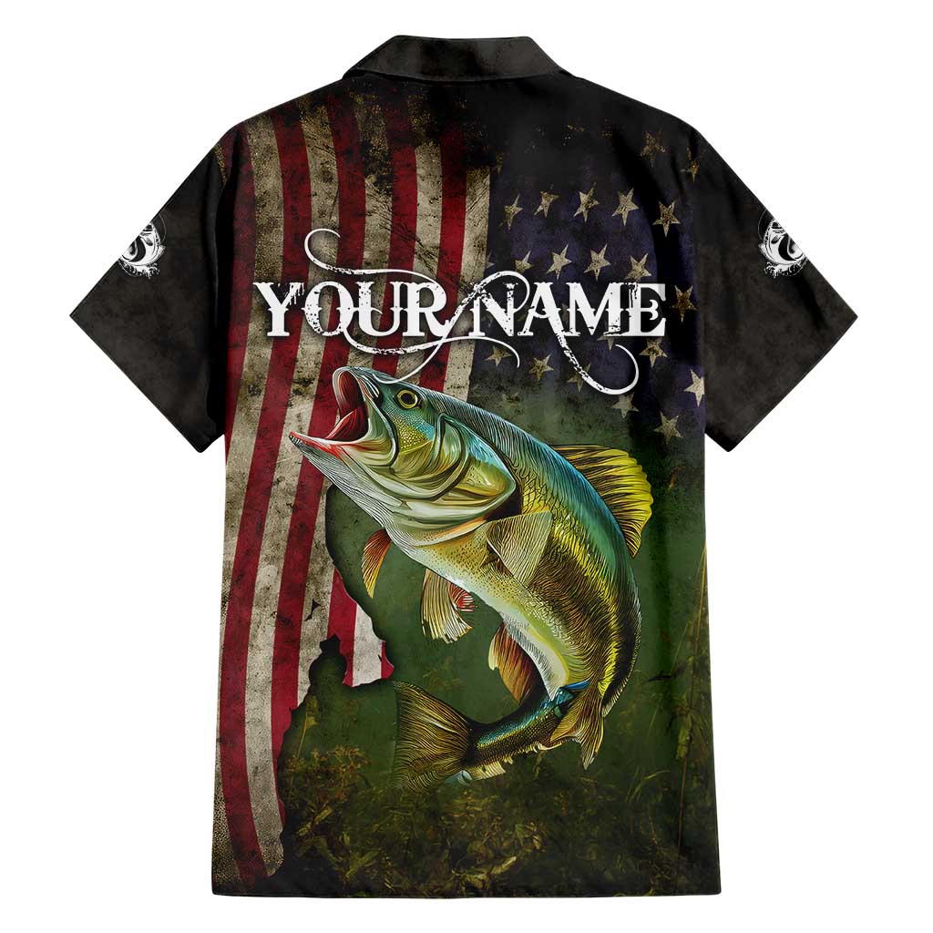 Personalized Walleye Fishing Hawaiian Shirt American Flag Background and Green Grunge Style Design - Wonder Print Shop