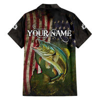 Personalized Walleye Fishing Hawaiian Shirt American Flag Background and Green Grunge Style Design - Wonder Print Shop