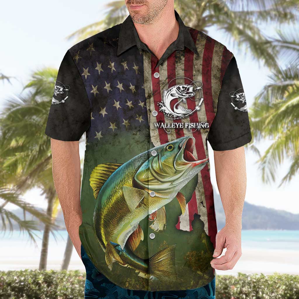 Personalized Walleye Fishing Hawaiian Shirt American Flag Background and Green Grunge Style Design - Wonder Print Shop