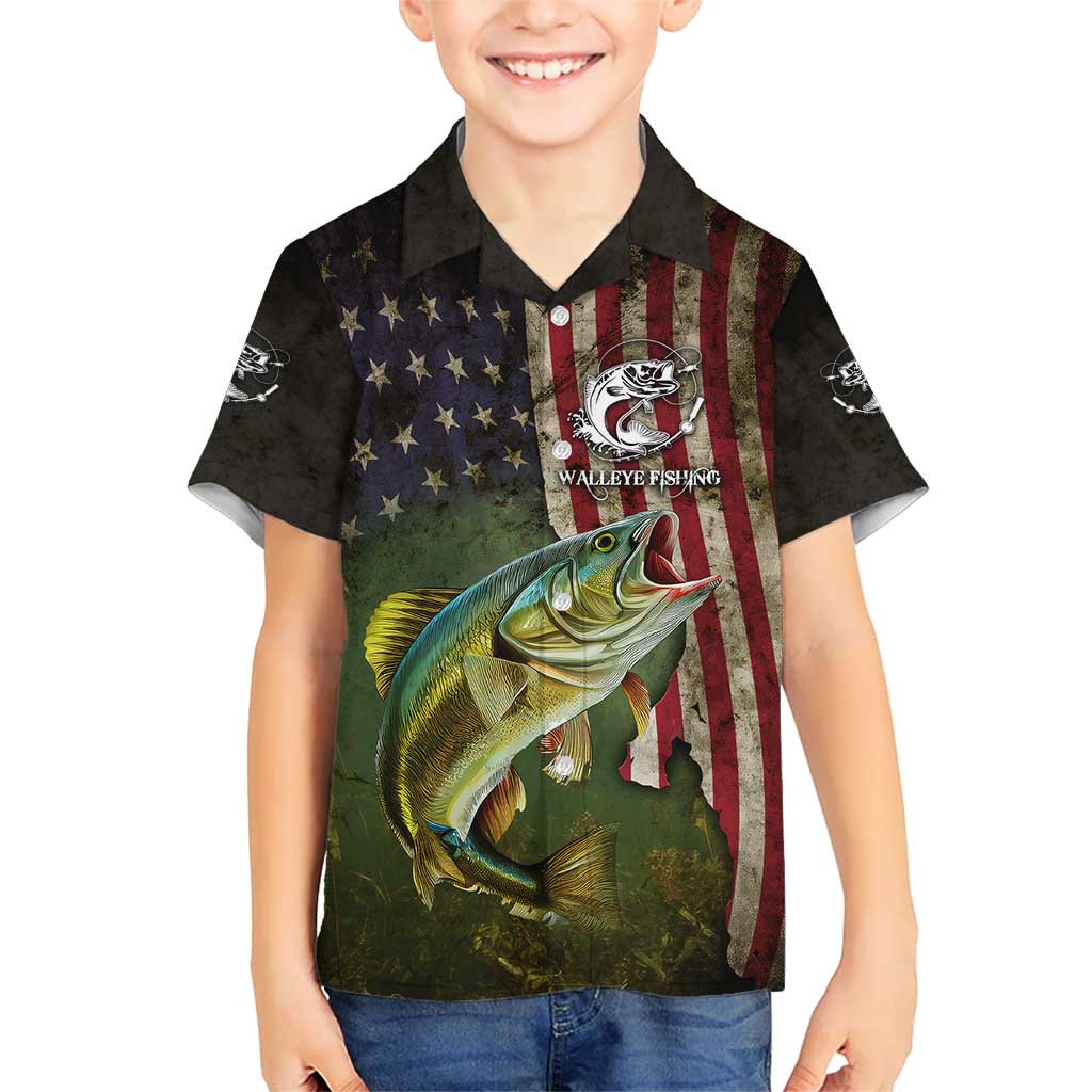 Personalized Walleye Fishing Hawaiian Shirt American Flag Background and Green Grunge Style Design - Wonder Print Shop
