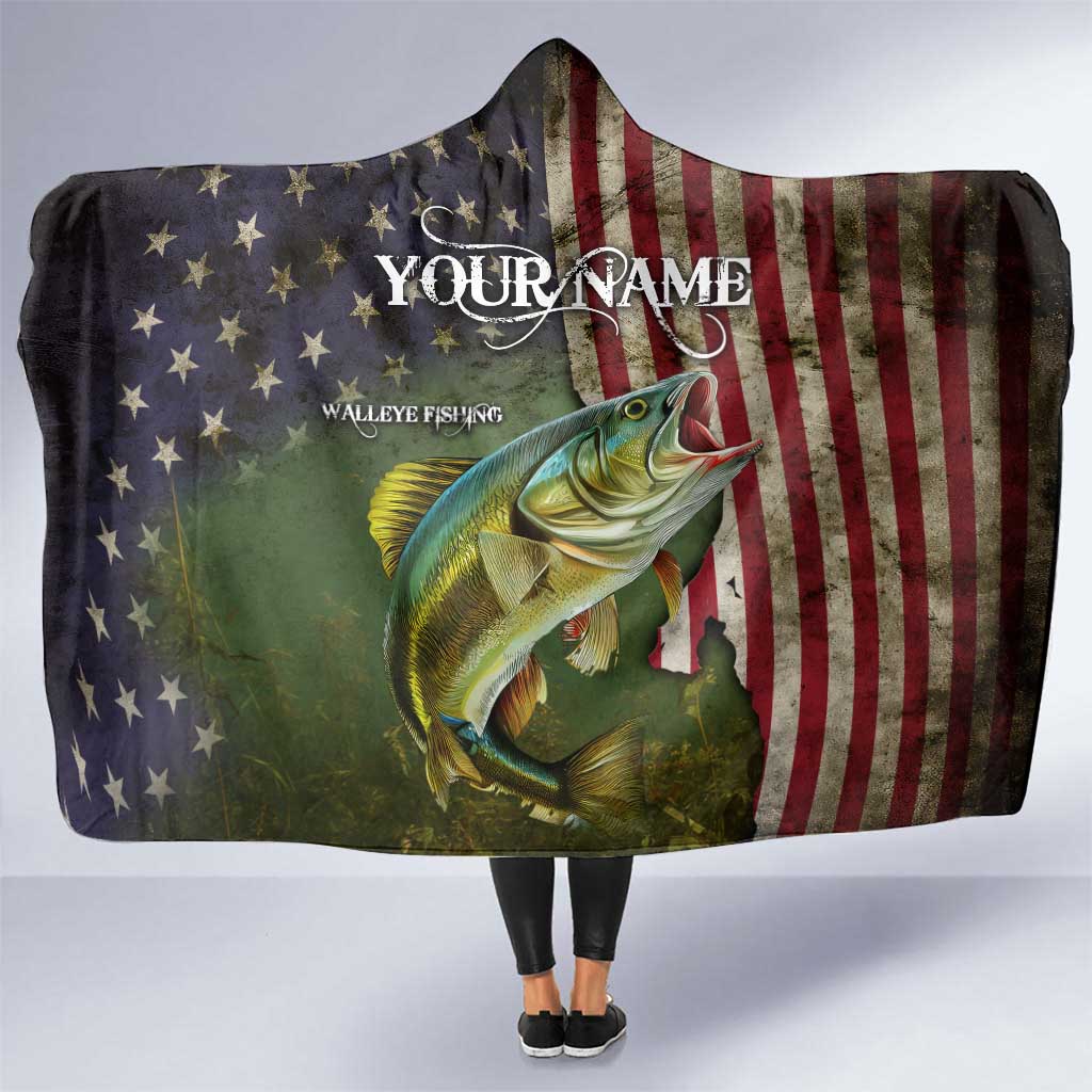 Personalized Walleye Fishing Hooded Blanket American Flag Background and Green Grunge Style Design - Wonder Print Shop