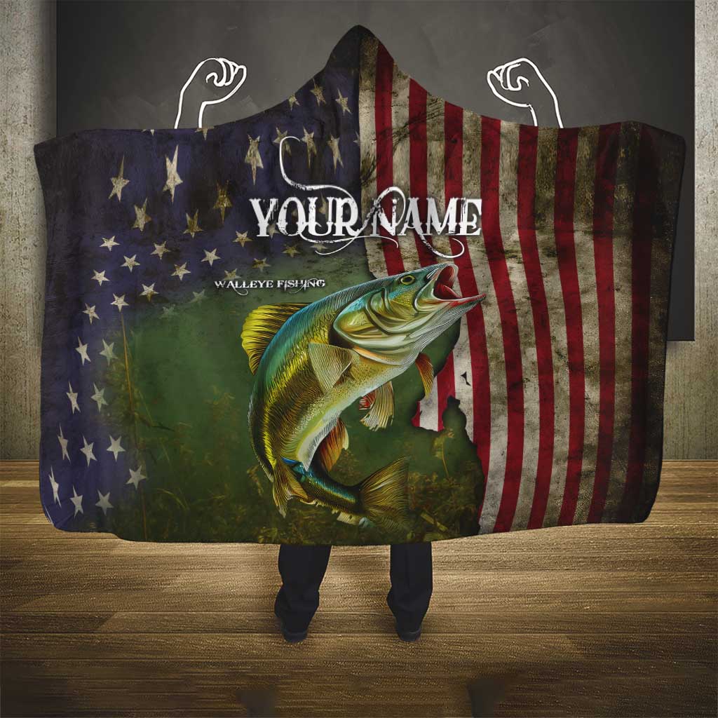 Personalized Walleye Fishing Hooded Blanket American Flag Background and Green Grunge Style Design - Wonder Print Shop
