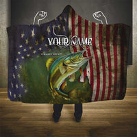 Personalized Walleye Fishing Hooded Blanket American Flag Background and Green Grunge Style Design - Wonder Print Shop