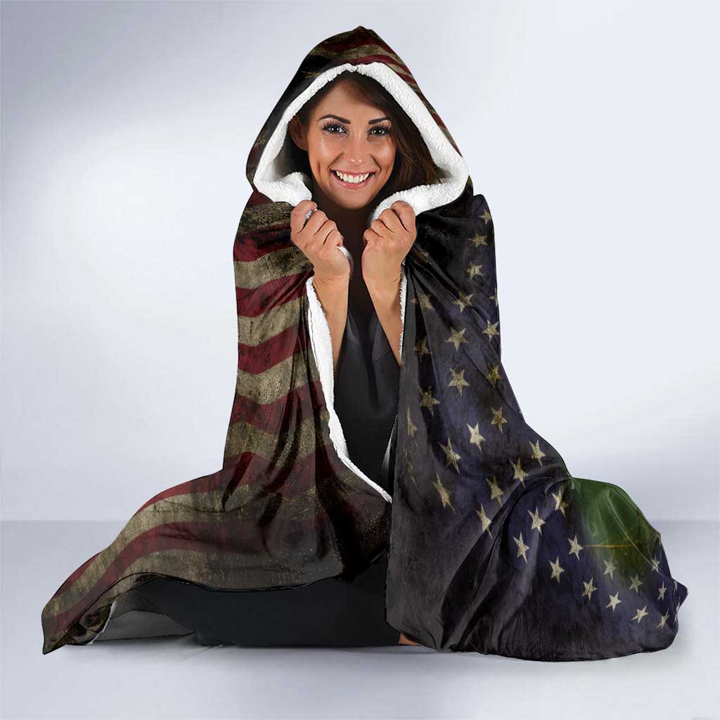 Personalized Walleye Fishing Hooded Blanket American Flag Background and Green Grunge Style Design - Wonder Print Shop