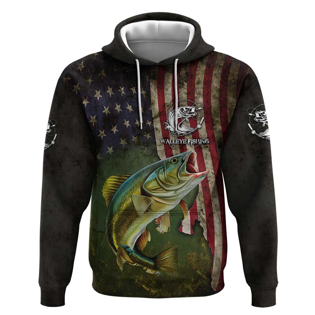 Personalized Walleye Fishing Hoodie American Flag Background and Green Grunge Style Design - Wonder Print Shop