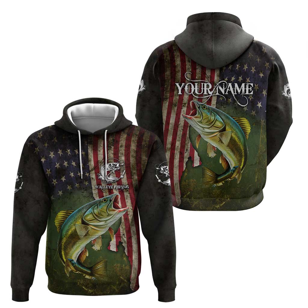 Personalized Walleye Fishing Hoodie American Flag Background and Green Grunge Style Design - Wonder Print Shop