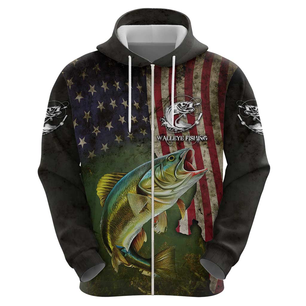 Personalized Walleye Fishing Hoodie American Flag Background and Green Grunge Style Design - Wonder Print Shop