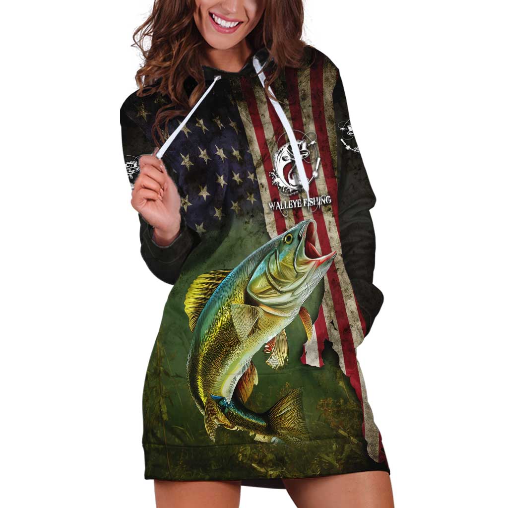 Personalized Walleye Fishing Hoodie Dress American Flag Background and Green Grunge Style Design - Wonder Print Shop