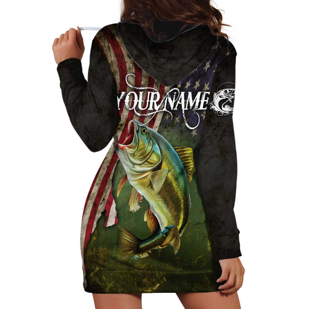 Personalized Walleye Fishing Hoodie Dress American Flag Background and Green Grunge Style Design - Wonder Print Shop