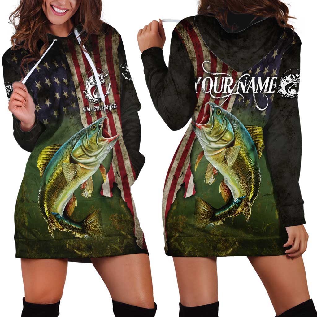 Personalized Walleye Fishing Hoodie Dress American Flag Background and Green Grunge Style Design - Wonder Print Shop
