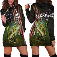 Personalized Walleye Fishing Hoodie Dress American Flag Background and Green Grunge Style Design - Wonder Print Shop