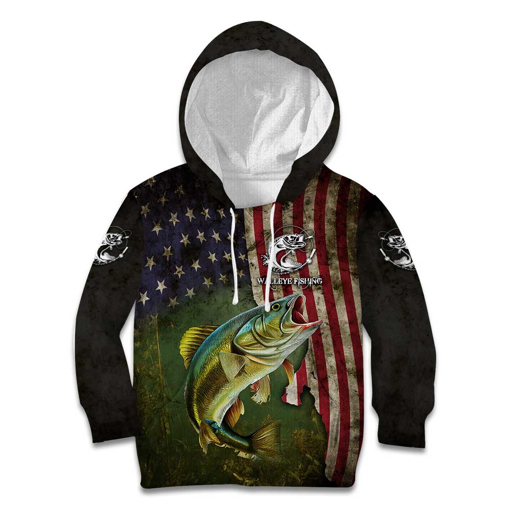 Personalized Walleye Fishing Kid Hoodie American Flag Background and Green Grunge Style Design - Wonder Print Shop