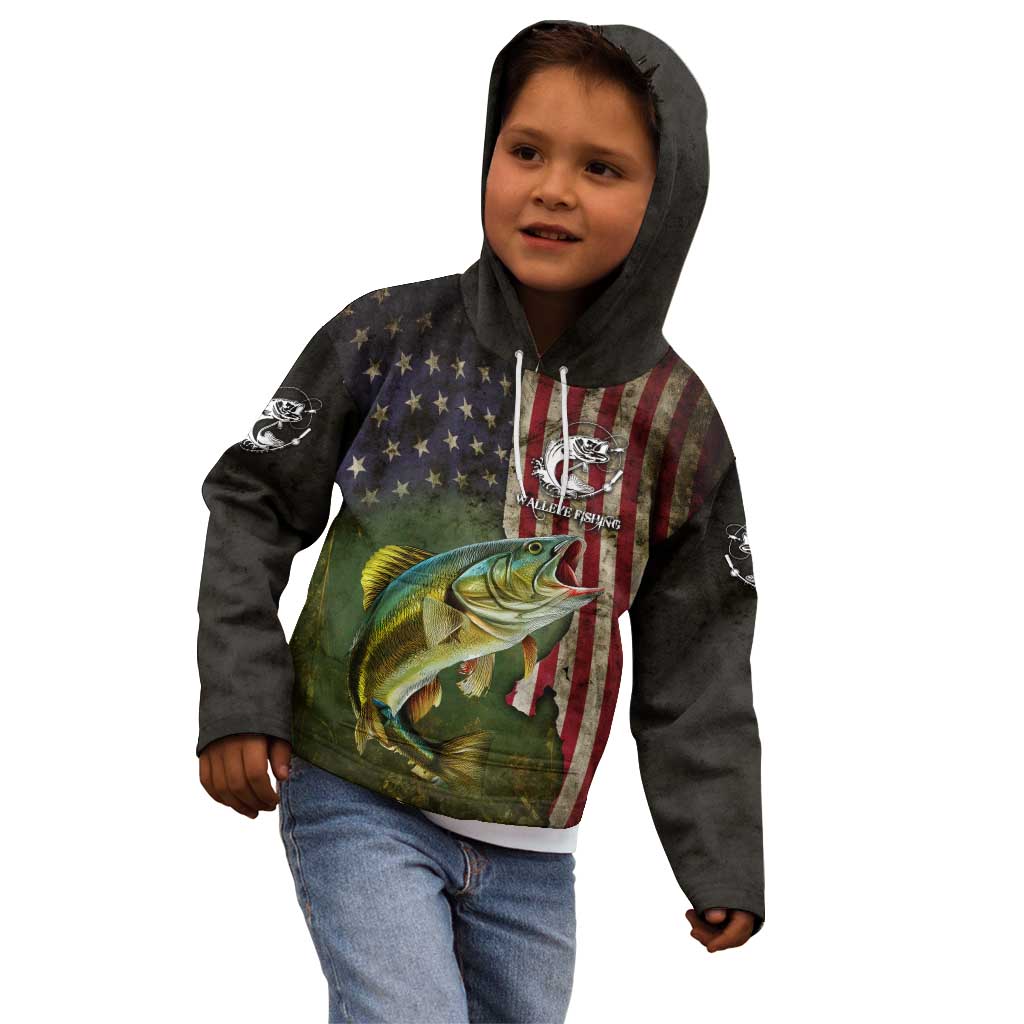Personalized Walleye Fishing Kid Hoodie American Flag Background and Green Grunge Style Design - Wonder Print Shop