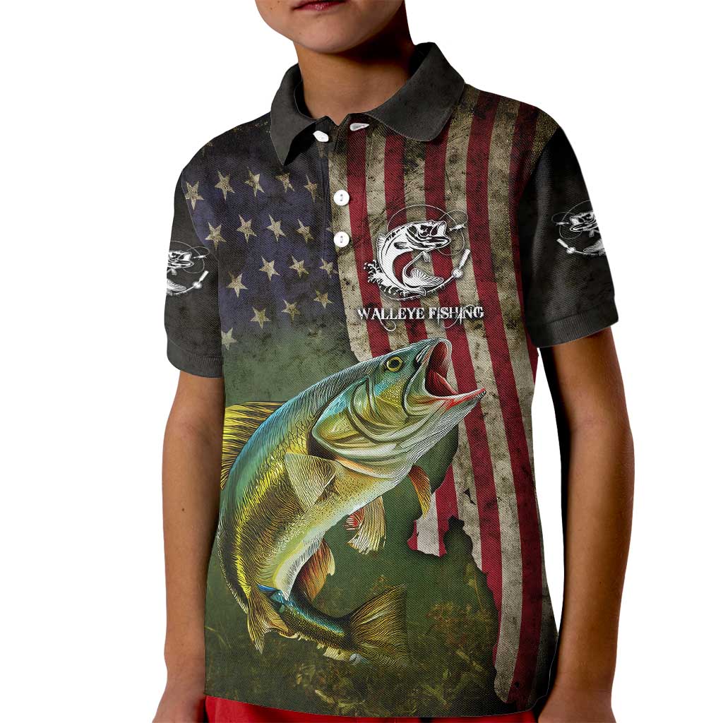 Personalized Walleye Fishing Kid Polo Shirt American Flag Background and Green Grunge Style Design - Wonder Print Shop