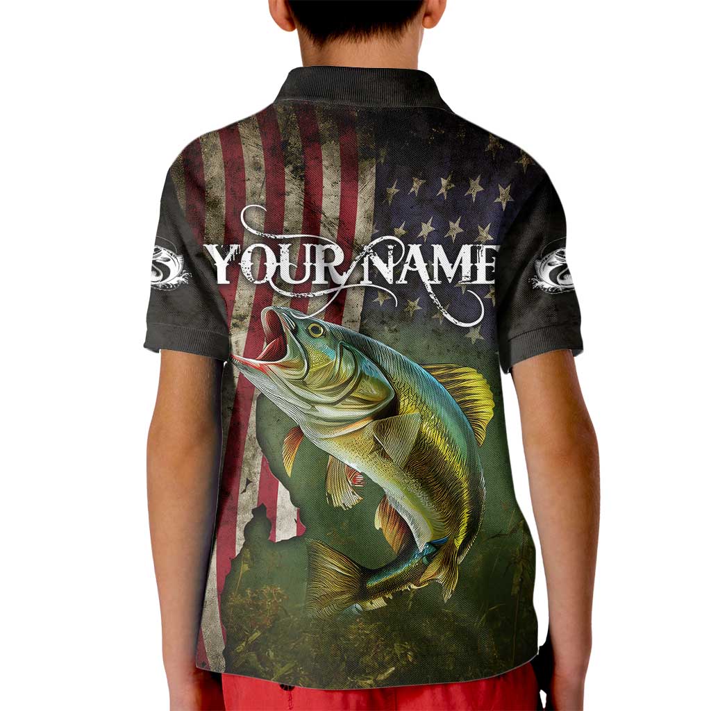 Personalized Walleye Fishing Kid Polo Shirt American Flag Background and Green Grunge Style Design - Wonder Print Shop